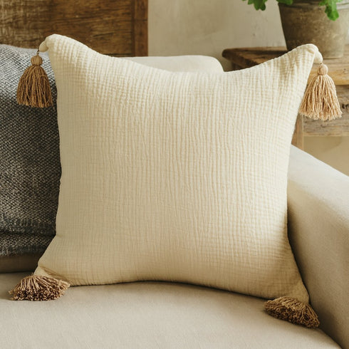 Set of Two 20" Natural And Beige Cotton Throw Pillow Covers