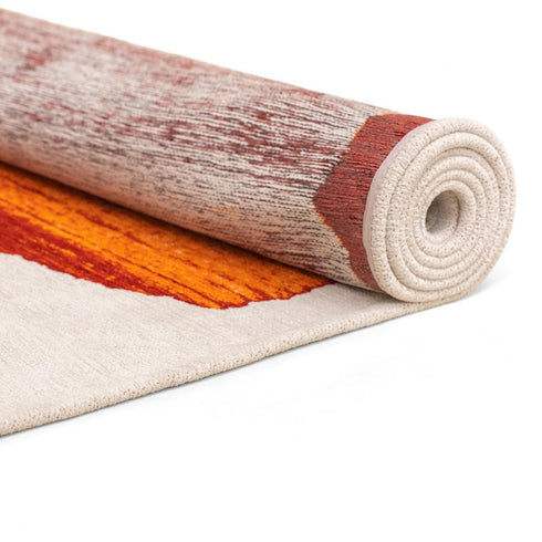 7' X 9' Orange And White Abstract Washable Area Rug With UV Protection