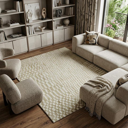 7' X 9' Tan And White Abstract Washable Area Rug With UV Protection