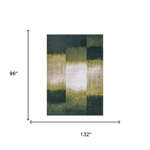 8' X 11' Green And White Abstract Washable Area Rug With UV Protection