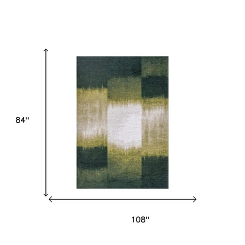 7' X 9' Green And White Abstract Washable Area Rug With UV Protection