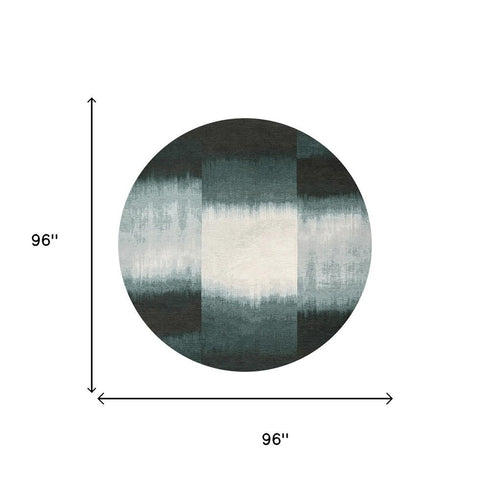 8' Blue And White Abstract Washable Round Rug With UV Protection