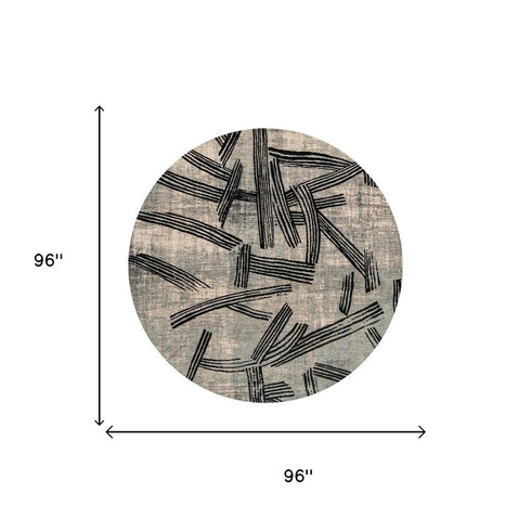 8' Gray And White Abstract Washable Round Rug With UV Protection