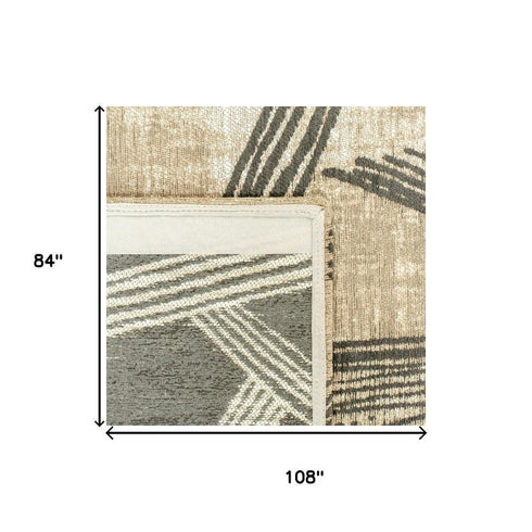 7' X 9' Tan And White Abstract Washable Area Rug With UV Protection