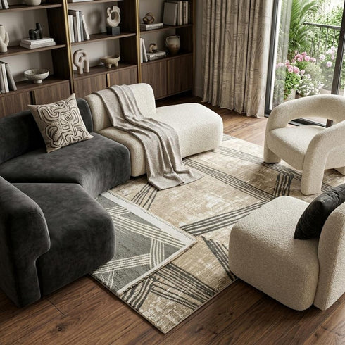 8' X 11' Tan And White Abstract Washable Area Rug With UV Protection