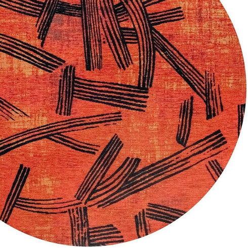 8' Red And White Abstract Washable Round Rug With UV Protection