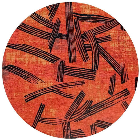 8' Red And White Abstract Washable Round Rug With UV Protection