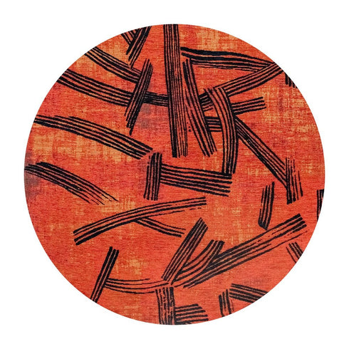 8' Red And White Abstract Washable Round Rug With UV Protection