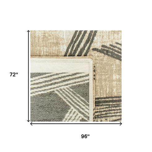 6' X 8' Tan And White Abstract Washable Area Rug With UV Protection