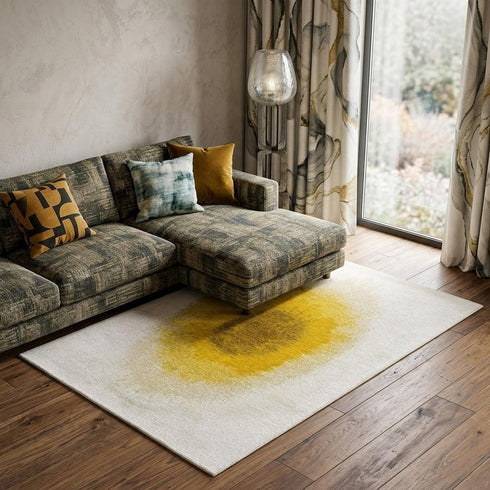 7' X 9' Gold And White Abstract Washable Area Rug With UV Protection