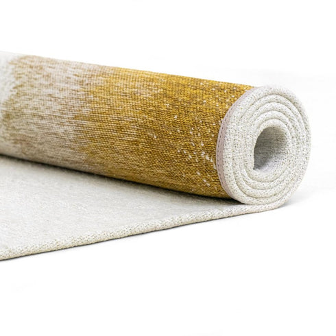 8' Gold And White Abstract Washable Round Rug With UV Protection