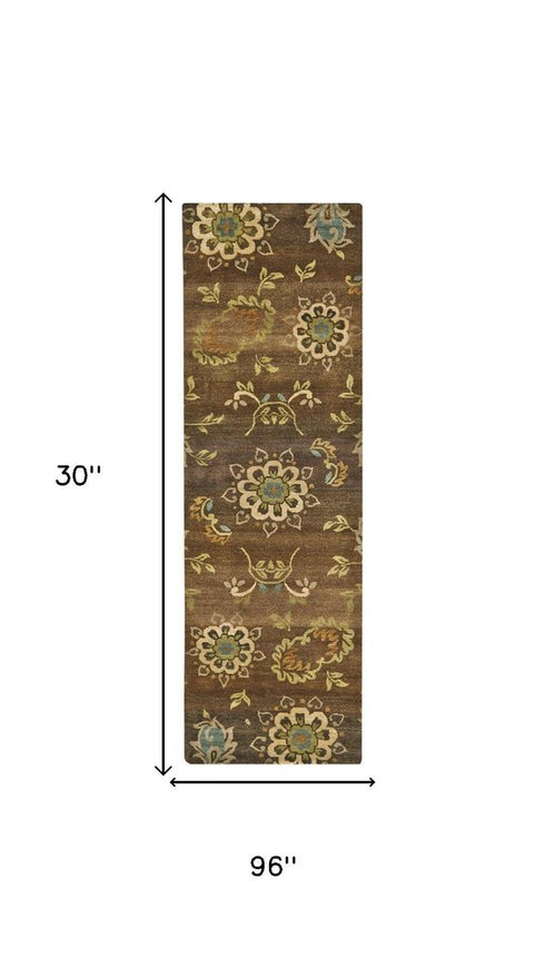 9' X 12' Brown Tan And Green Wool Floral Hand Knotted Area Rug