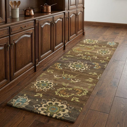 9' X 12' Brown Tan And Green Wool Floral Hand Knotted Area Rug