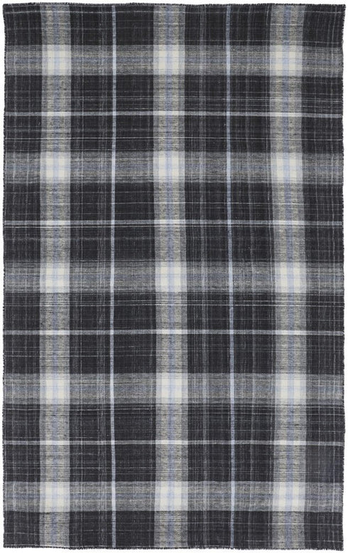 5' X 8' Black White And Blue Plaid Hand Loomed Area Rug