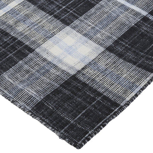 5' X 8' Black White And Blue Plaid Hand Loomed Area Rug