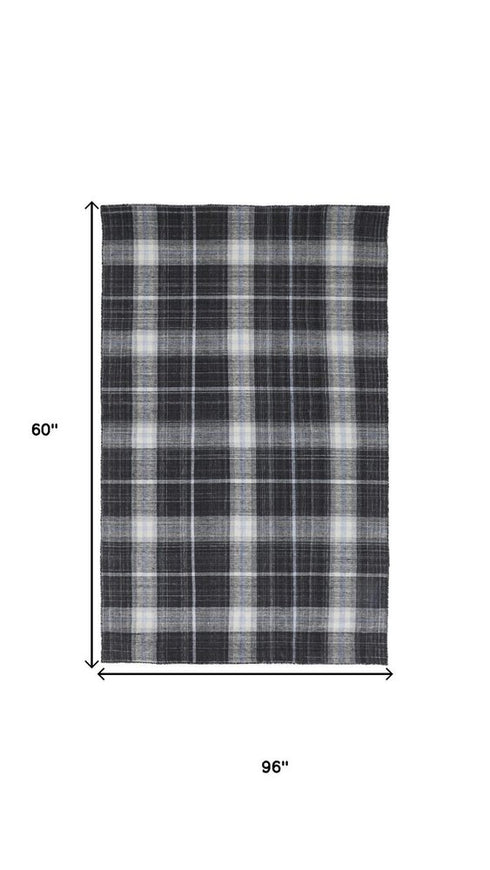 5' X 8' Black White And Blue Plaid Hand Loomed Area Rug