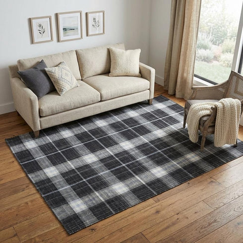 5' X 8' Black White And Blue Plaid Hand Loomed Area Rug