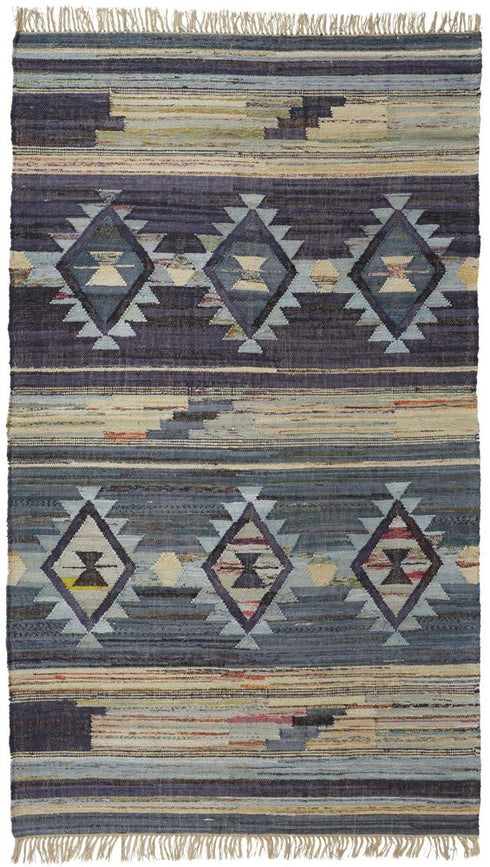5' X 8' Blue Purple And Tan Geometric Hand Woven Area Rug With Fringe