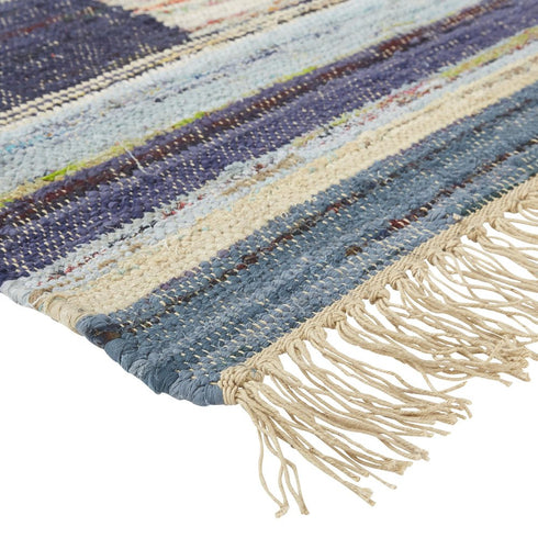 5' X 8' Blue Purple And Tan Geometric Hand Woven Area Rug With Fringe