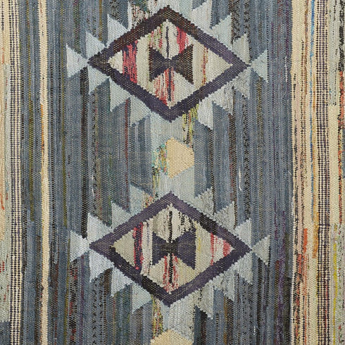 5' X 8' Blue Purple And Tan Geometric Hand Woven Area Rug With Fringe