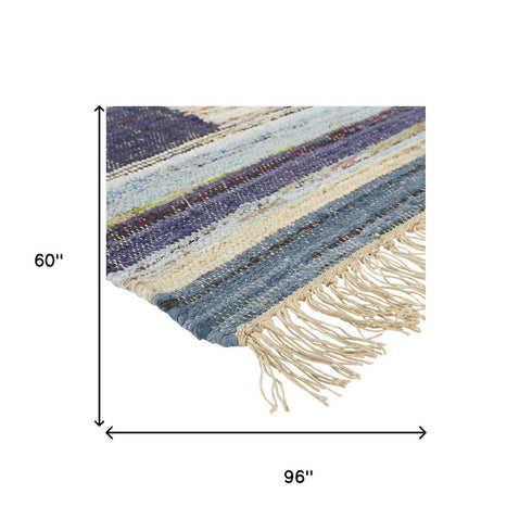 5' X 8' Blue Purple And Tan Geometric Hand Woven Area Rug With Fringe