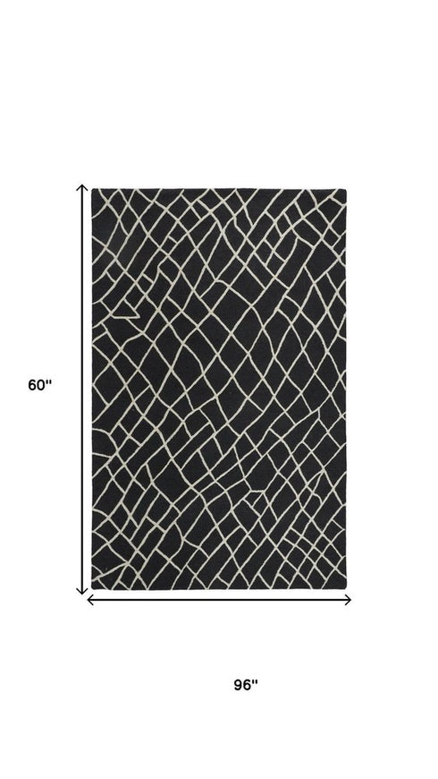 5' X 8' Black And Ivory Wool Geometric Hand Tufted Area Rug