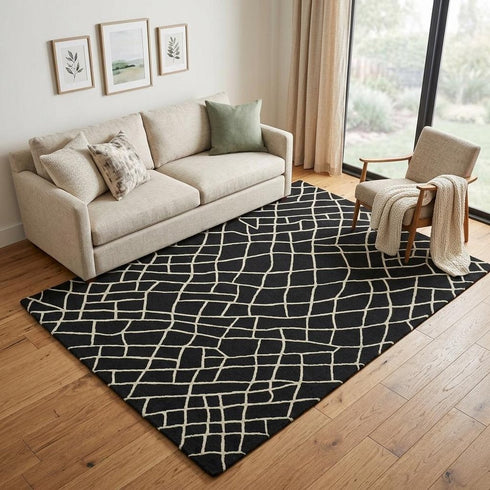 5' X 8' Black And Ivory Wool Geometric Hand Tufted Area Rug