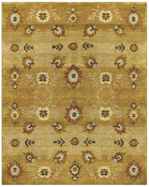 5' X 8' Gold Tan And Red Wool Floral Hand Knotted Area Rug