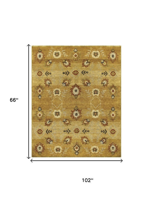 5' X 8' Gold Tan And Red Wool Floral Hand Knotted Area Rug
