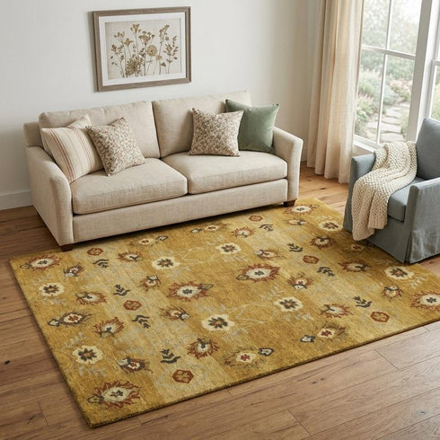 5' X 8' Gold Tan And Red Wool Floral Hand Knotted Area Rug