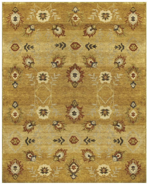 5' X 8' Gold Tan And Red Wool Floral Hand Knotted Area Rug