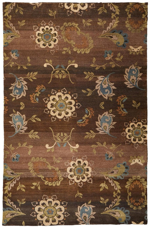 9' X 12' Brown Tan And Green Wool Floral Hand Knotted Area Rug