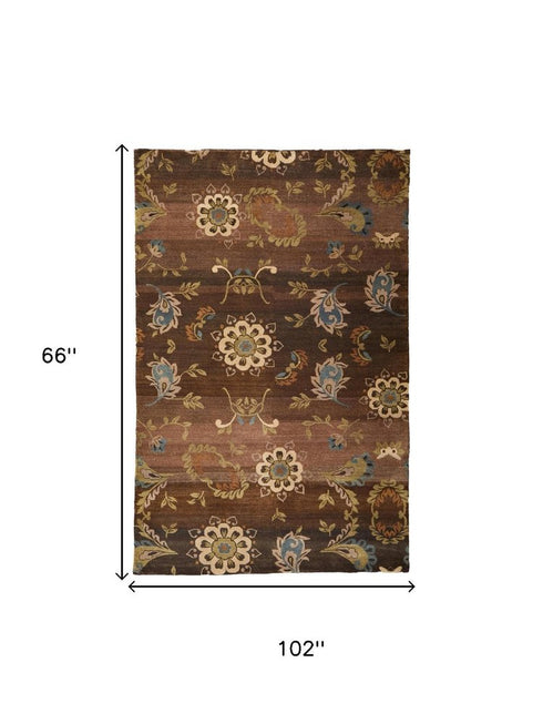 9' X 12' Brown Tan And Green Wool Floral Hand Knotted Area Rug