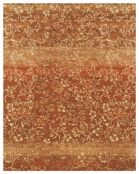 9' X 12' Red Orange And Gold Wool Floral Hand Knotted Area Rug