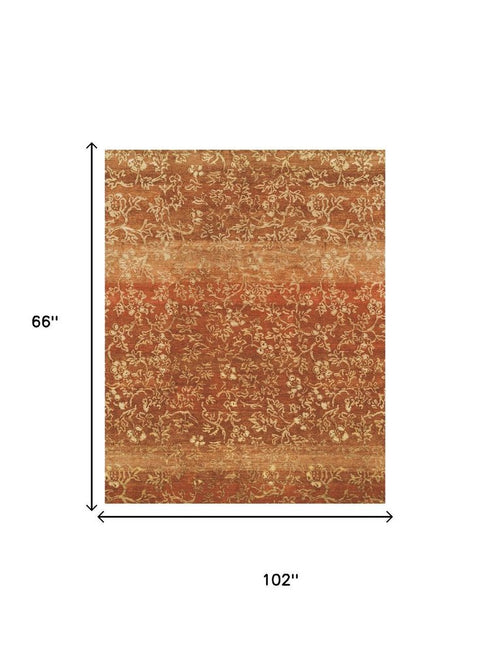 9' X 12' Red Orange And Gold Wool Floral Hand Knotted Area Rug