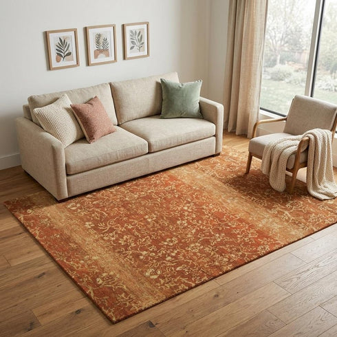 9' X 12' Red Orange And Gold Wool Floral Hand Knotted Area Rug