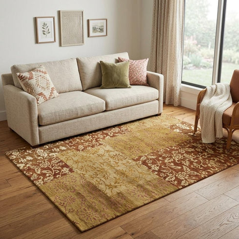 9' X 12' Gold And Brown Patchwork Hand Knotted Area Rug