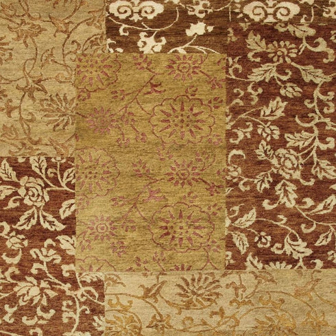 9' X 12' Gold And Brown Patchwork Hand Knotted Area Rug