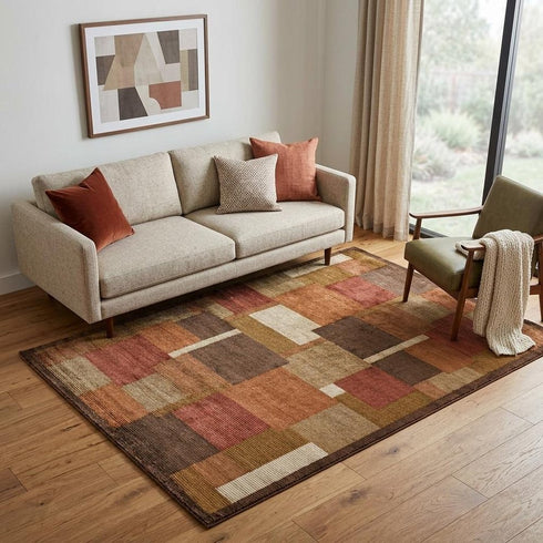 9' X 12' Green Brown And Orange Checkered Hand Knotted Area Rug