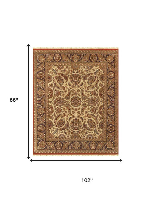 5' X 8' Brown Tan And Red Wool Oriental Hand Knotted Area Rug With Fringe