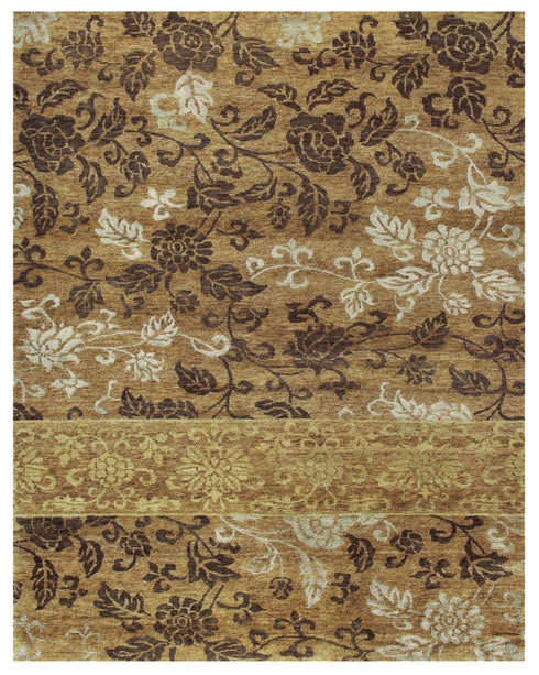 9' X 12' Brown Gold And Tan Floral Hand Knotted Area Rug