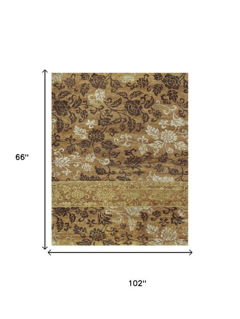 9' X 12' Brown Gold And Tan Floral Hand Knotted Area Rug