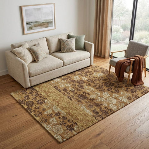 9' X 12' Brown Gold And Tan Floral Hand Knotted Area Rug