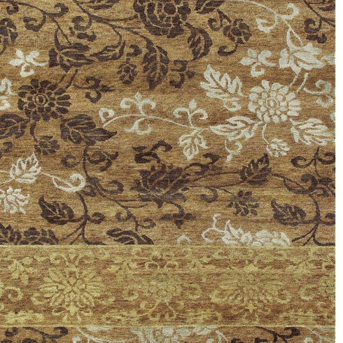 9' X 12' Brown Gold And Tan Floral Hand Knotted Area Rug