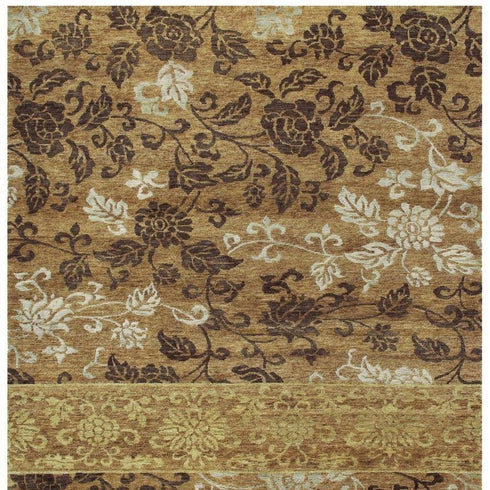 9' X 12' Brown Gold And Tan Floral Hand Knotted Area Rug