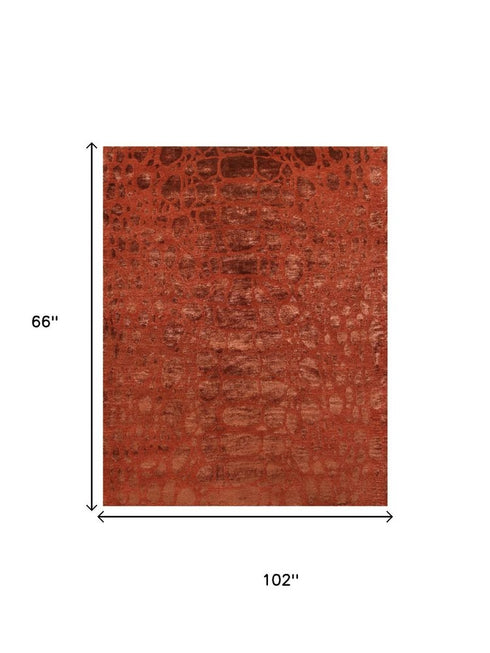 9' X 12' Red And Orange Animal Print Hand Knotted Area Rug