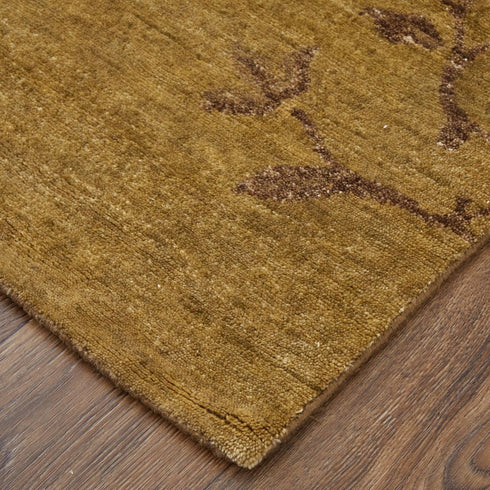 9' X 13' Green And Gold Wool Floral Hand Knotted Area Rug