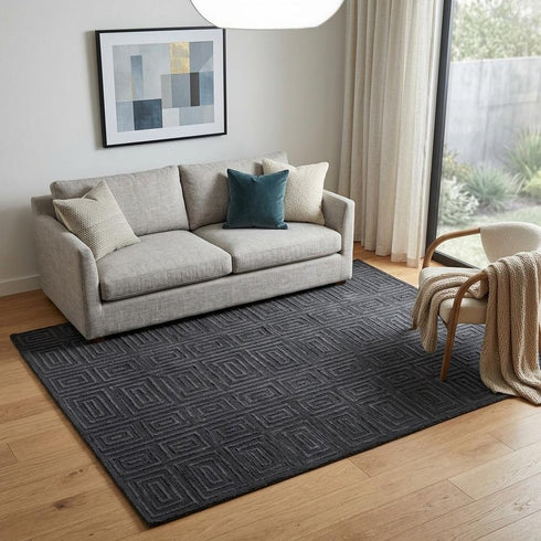 8' X 10' Gray And Black Wool Geometric Hand Knotted Area Rug