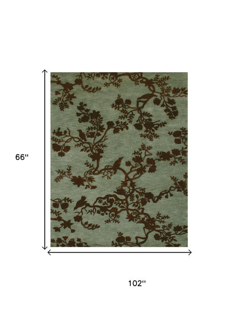 9' X 12' Brown And Silver Wool Floral Hand Knotted Area Rug