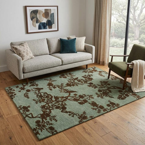 9' X 12' Brown And Silver Wool Floral Hand Knotted Area Rug